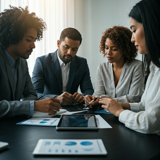 Professional diverse corporate team in a bright modern meeting room discussing strategic technology implementation over digital tablets and graphs