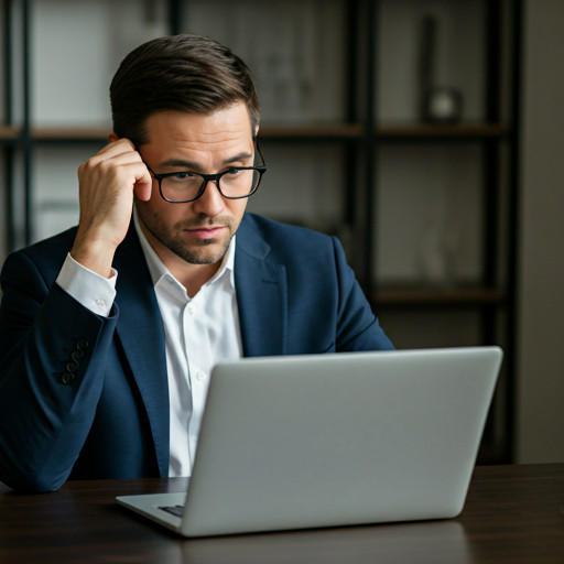 Frustrated business executive looking at laptop screen in a modern office, representing technology pain points